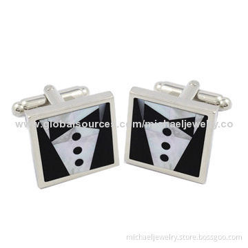 Brass Cufflinks with Onyx, Mop and White Steel Plating, Nickel-free
